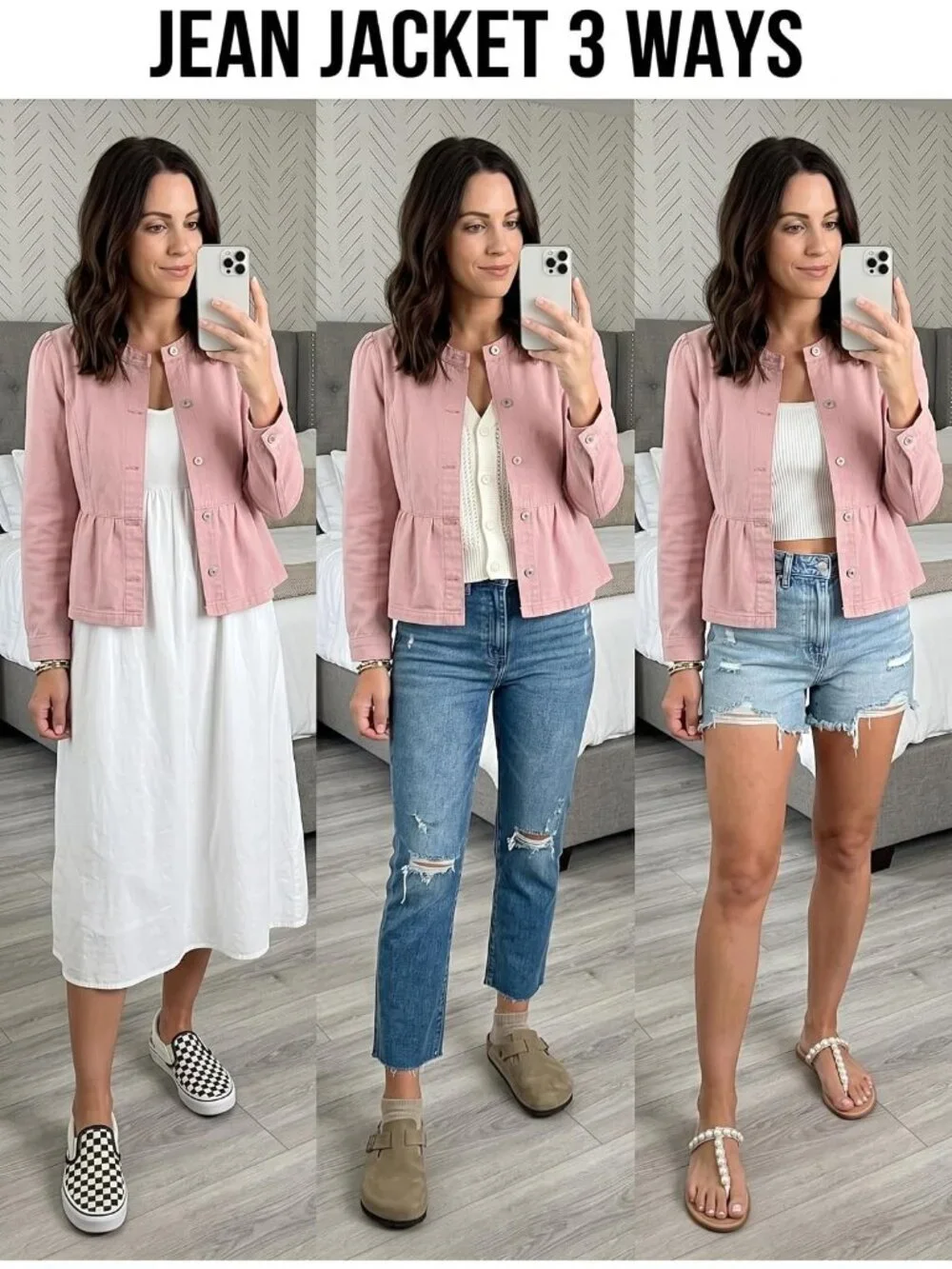 Women's Pink Button Down Long Sleeve Collarless Cinched Waist Denim Jackets